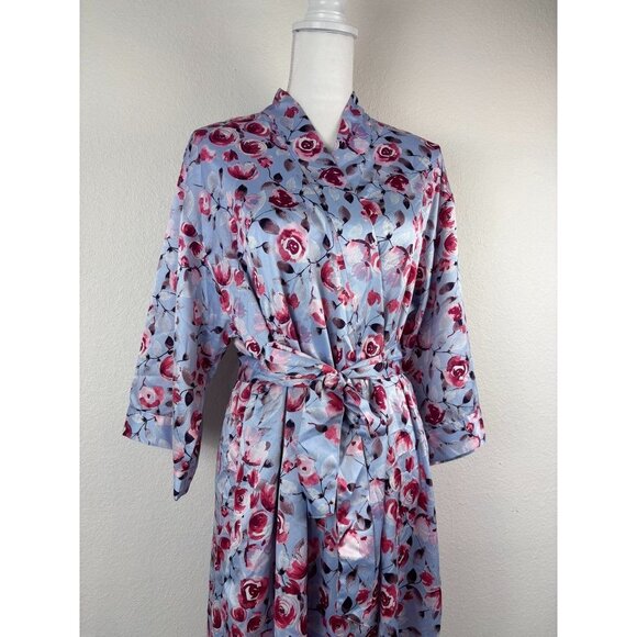 Cabernet women's medium blue floral mid length satin kimono long sleeve robe - Picture 2 of 8